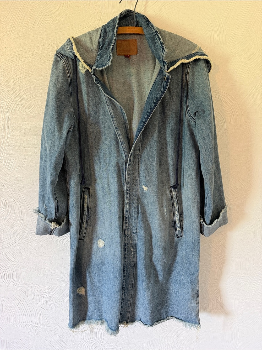 Lucky Brand Distressed Light Blue Denim Hooded Long Jacket